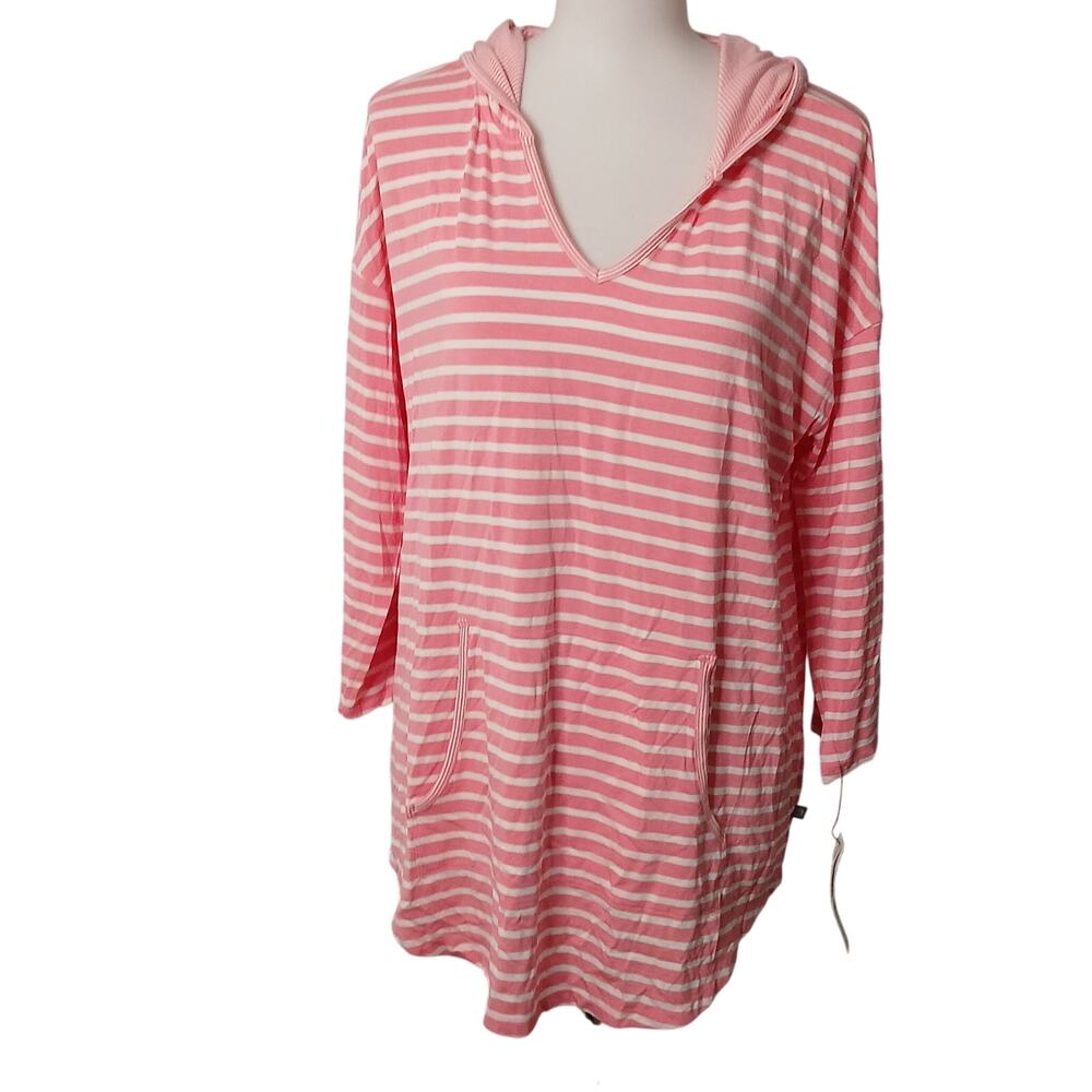 T by Talbots UPF 50+ Pink White Stripe Hoodie Beach Cover up 3/4 Sleeve Large